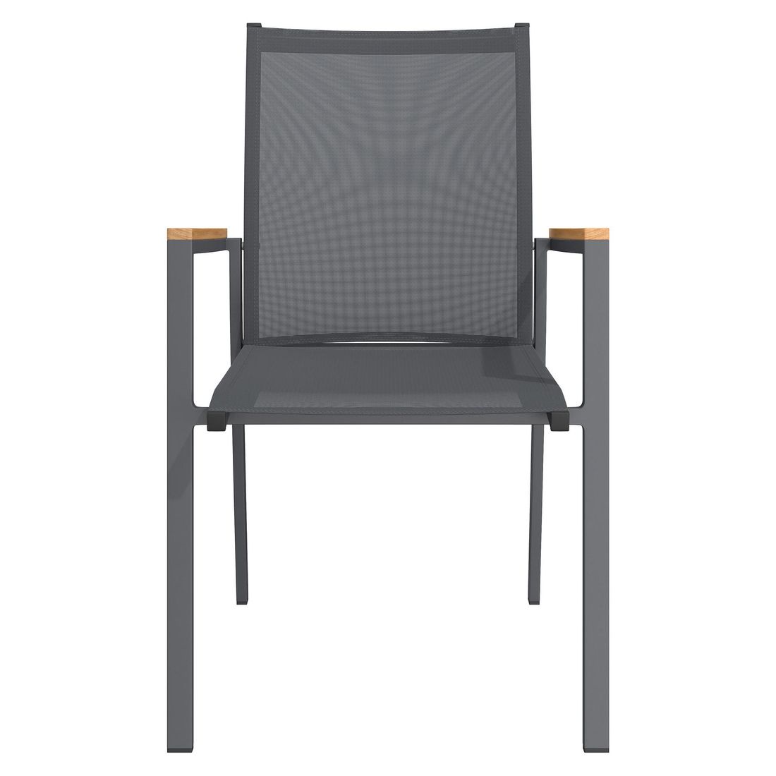 Stabelstol ute Kobe aluminium/textilen med teak-armlener - OUTLIV montert på terrasse