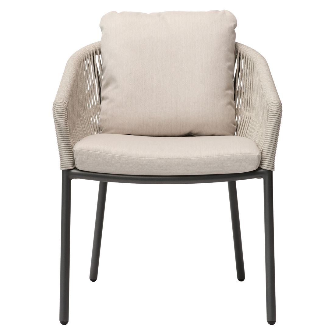 Stabelstol ute Loop aluminium/tau med puter 63x68 cm - Solpuri montert på terrasse