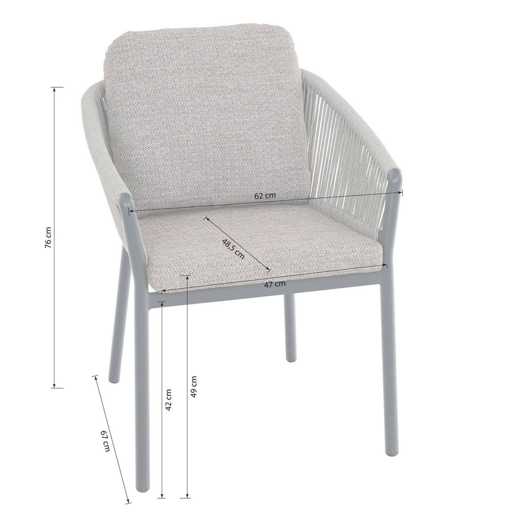 Detalj av rope-fletting på Stabelstol ute Merano aluminium med puter