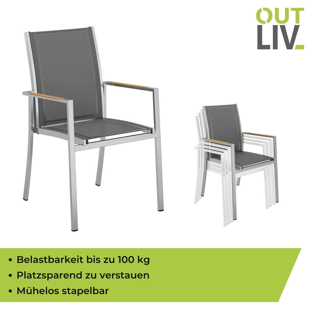 Detalj av stolben i rustfritt stål på Stabelstol ute Oviedo rustfritt stål/textilen