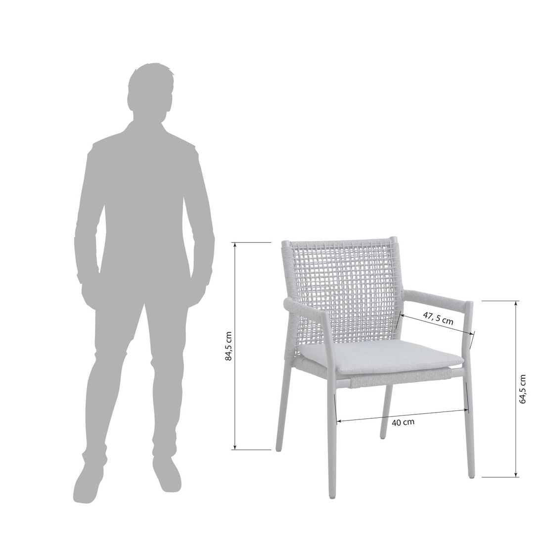 Detaljbilde av stabelstol ute Ropero aluminium med sittepute, grå