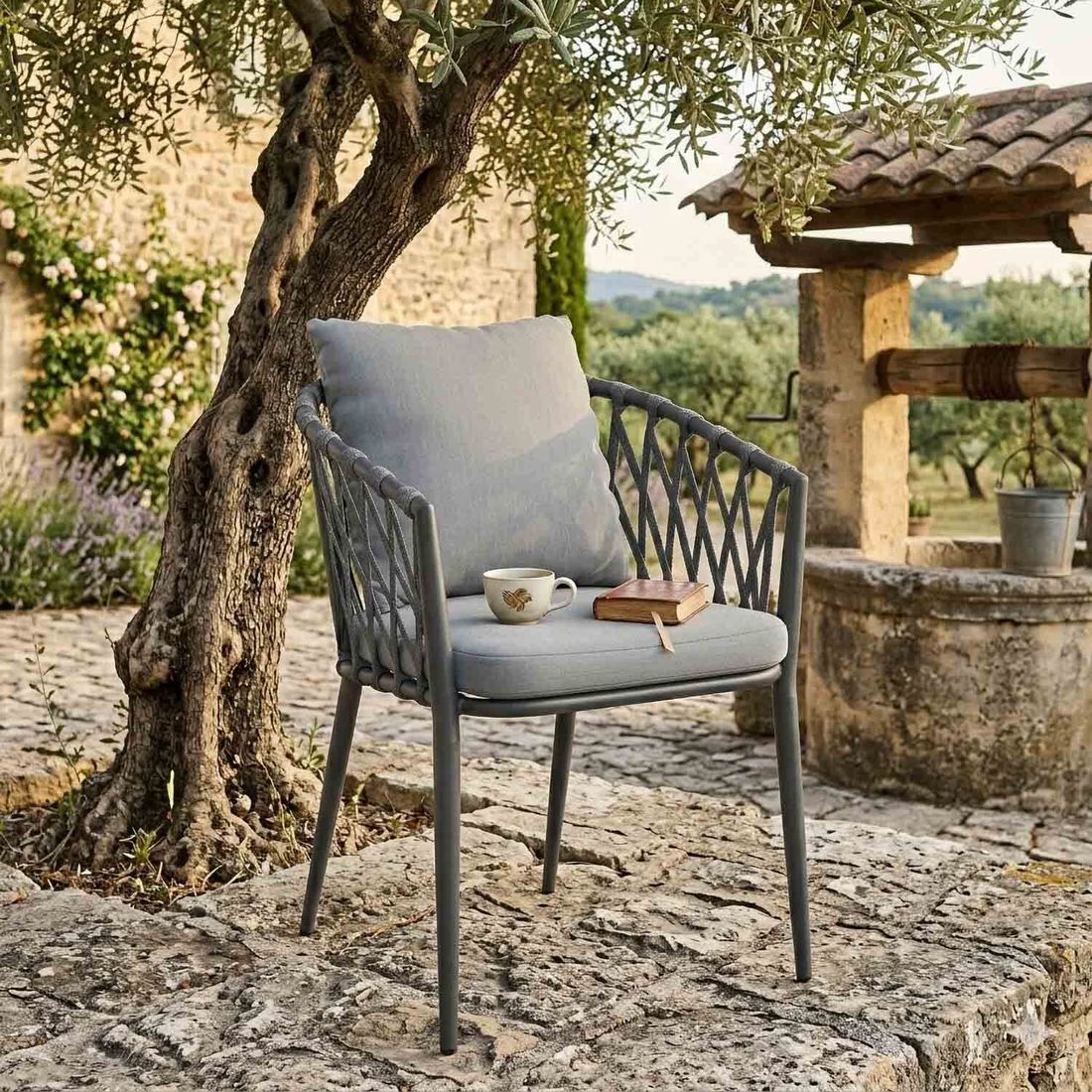 Stabelstol ute Sunrepo aluminium med puter 56x61 cm bakside