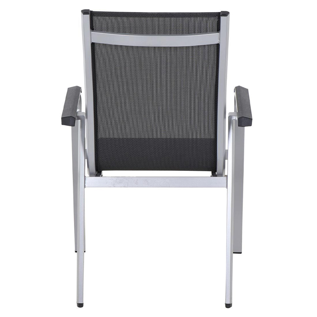 Nærbilde av tekstilene sete på Stabelstol ute Tesoro aluminium/textilen sølv/grå