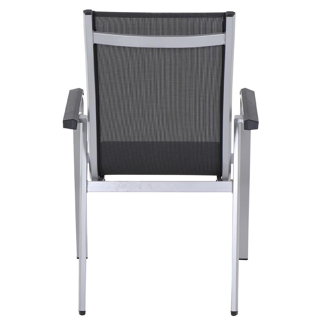 Nærbilde av tekstilene sete på Stabelstol ute Tesoro aluminium/textilen sølv/grå