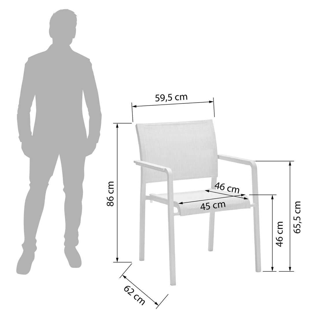 Stabelstol ute Tilo aluminium/textilen 59,5 cm detalj av sete