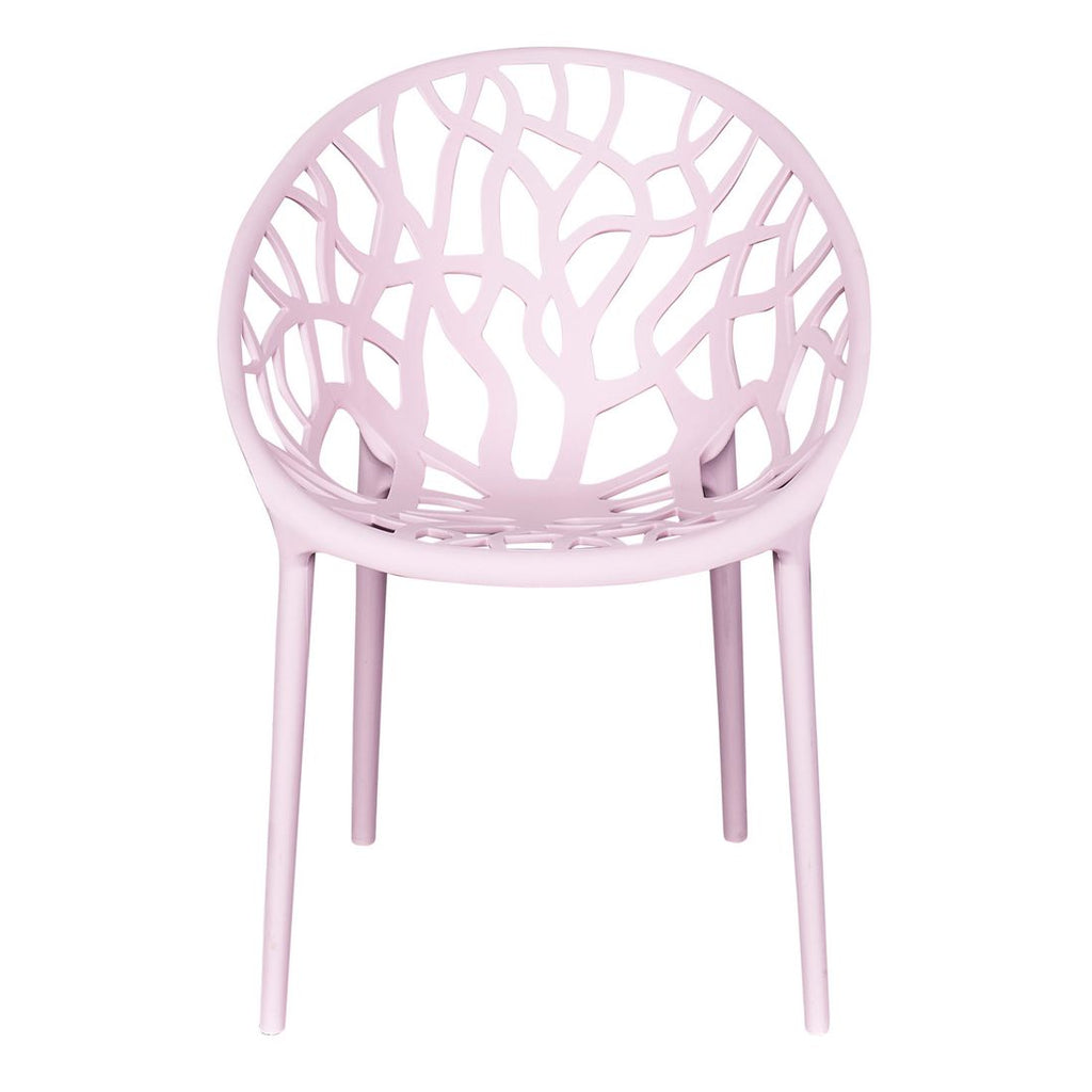 Stabelstol ute Vomo plast 58x60,5 cm rosa montert i hage