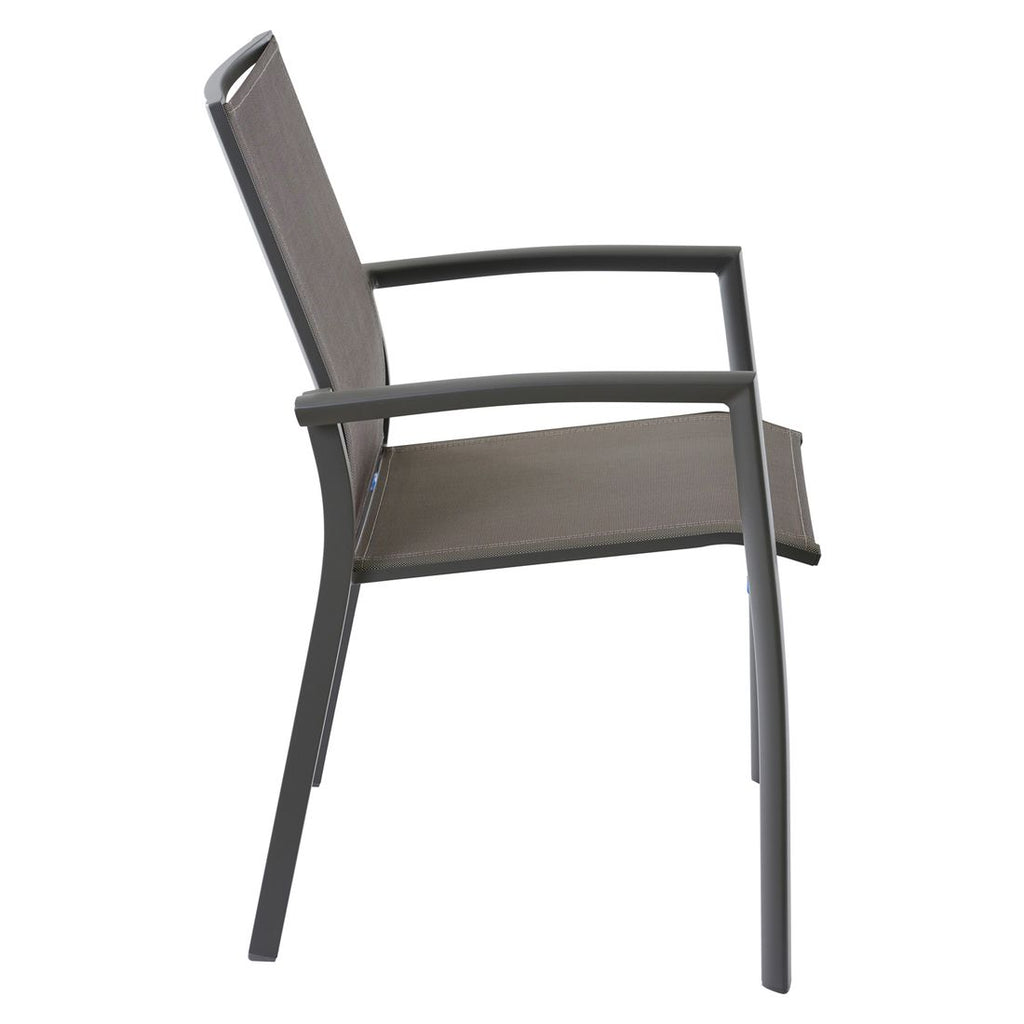 Nærbilde av ramme på Stabelstol Velia aluminium/textilen taupe