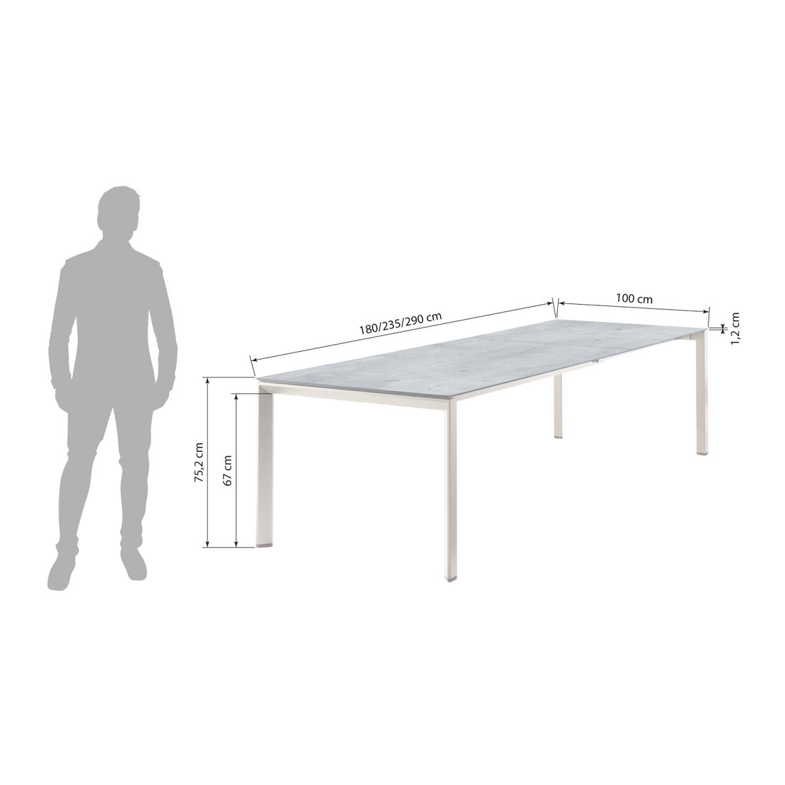 Uttrekkbart hagebord 180-290x100 cm aluminium HPL Sieger detalj bordplate