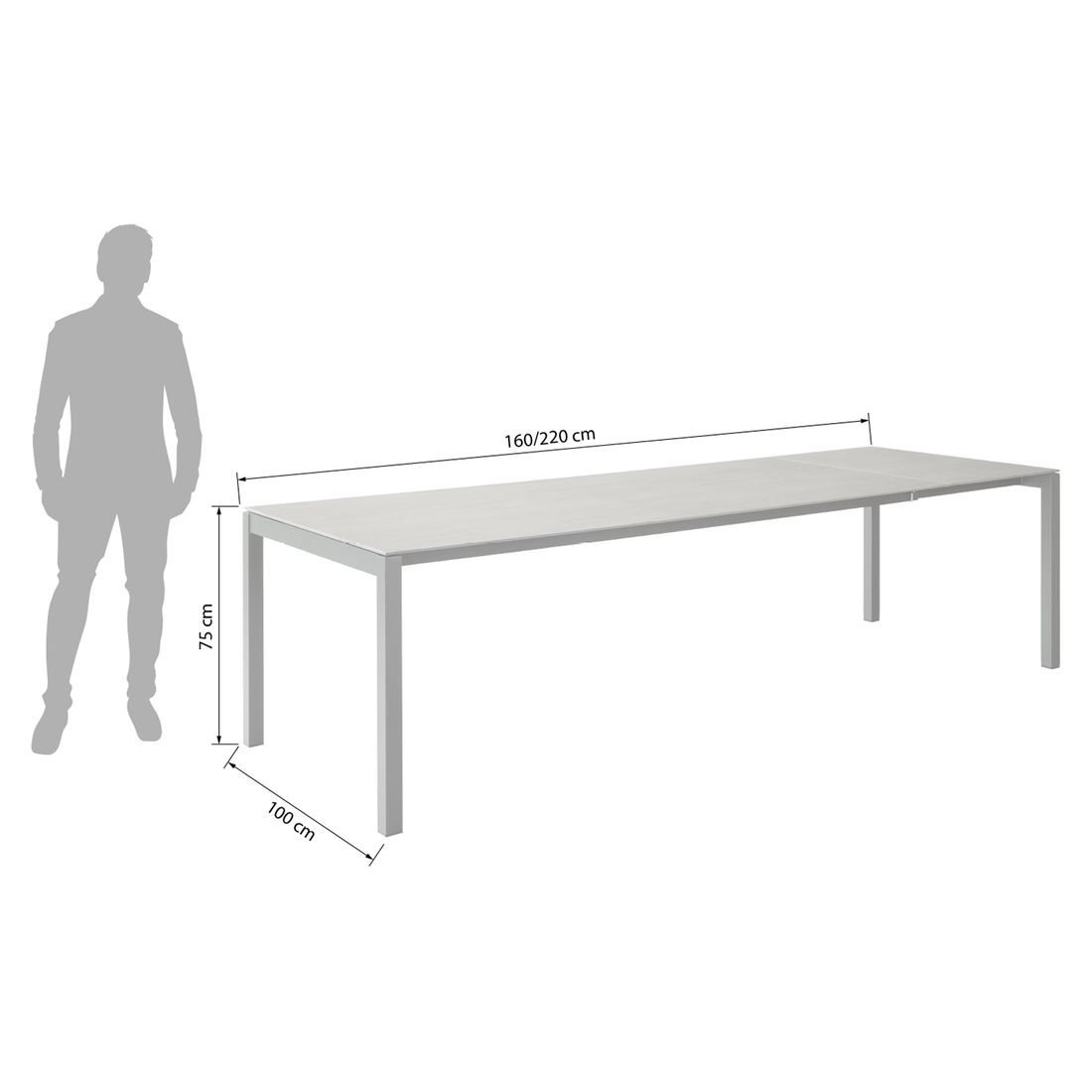 uttrekkbart hagebord classic 160/220x100cm aluminium dekton detalj bordplate