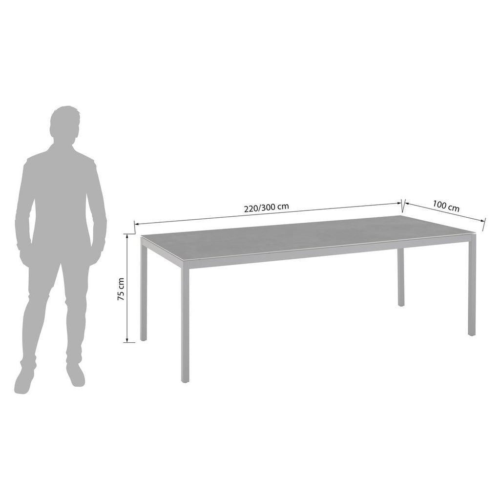 Uttrekkbart hagebord Mia aluminium/keramikk 220-300x100 cm oversikt bakside