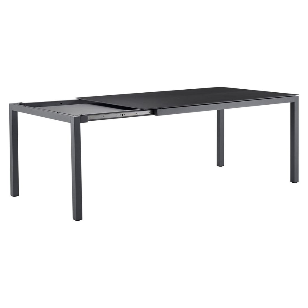 Nærbilde av uttrekkfunksjonen på hagebord Mia aluminium/Dekton