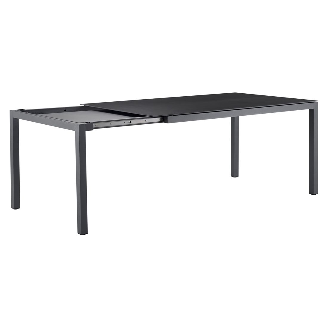 Nærbilde av uttrekkfunksjonen på hagebord Mia aluminium/Dekton