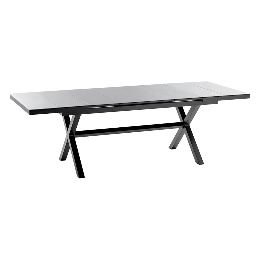 Detalj av uttrekkbart hagebord Nalvo i aluminium og glass