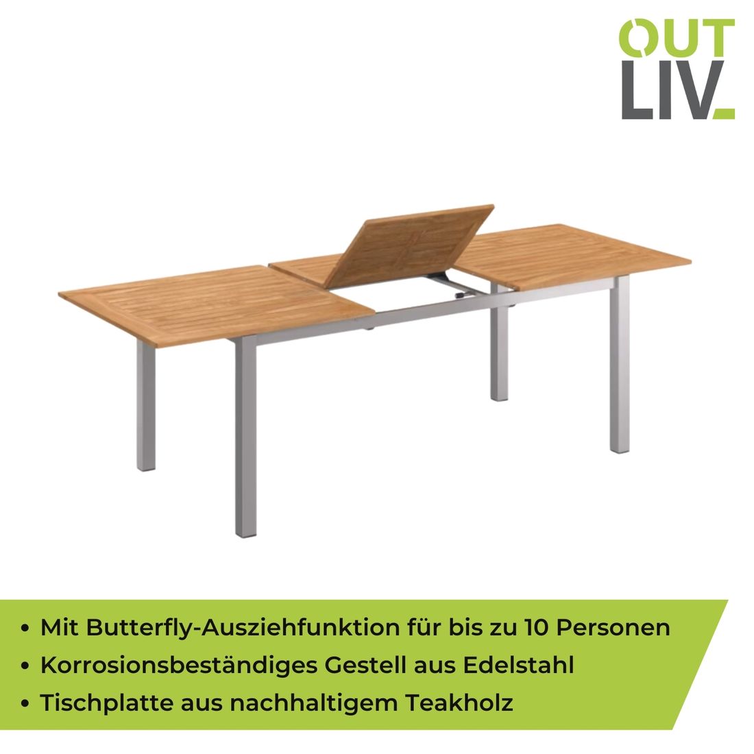 Uttrekkbart hagebord Oviedo sett ovenfra med teak bordplate