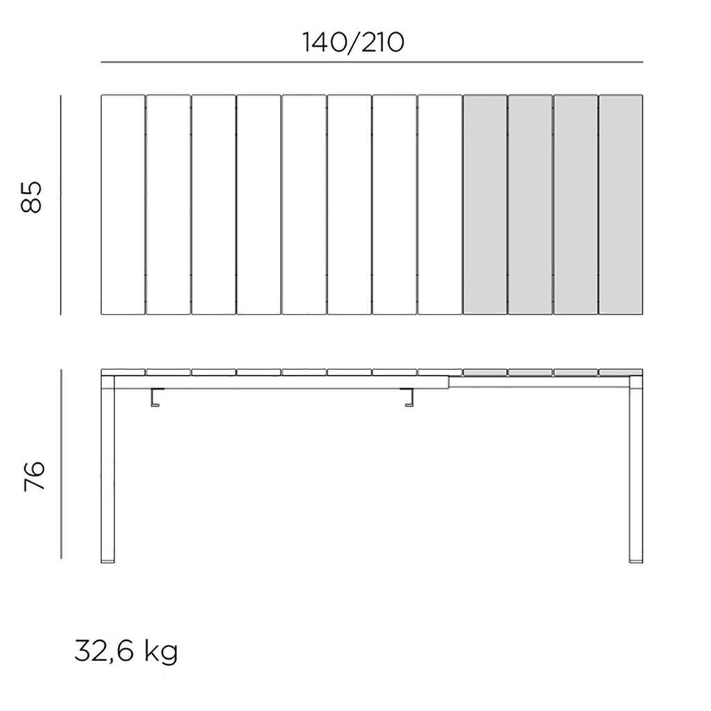 Uttrekkbart hagebord Rio 140/210x85cm aluminium - Nardi nærbilde av aluminiumsramme
