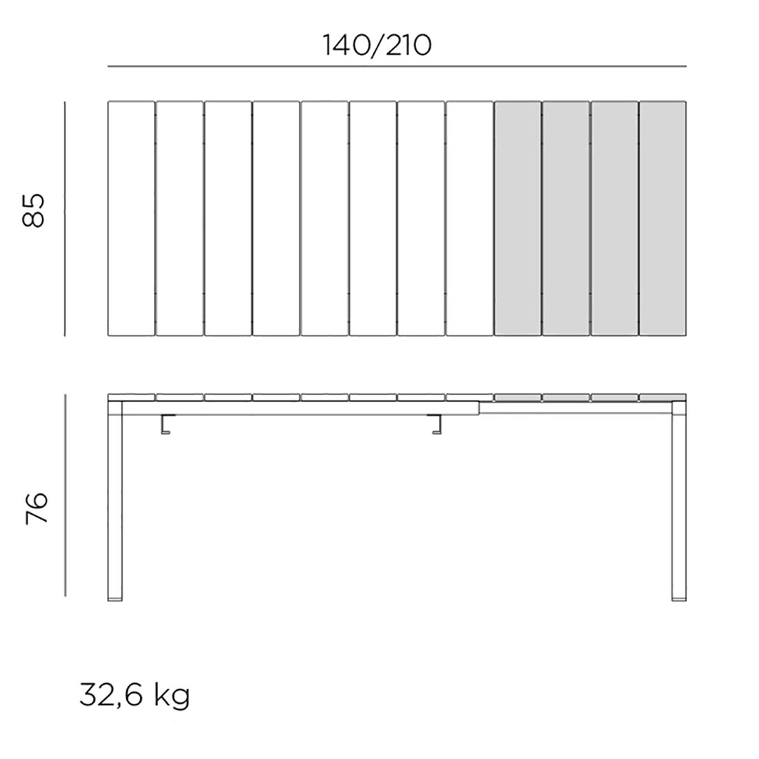 Uttrekkbart hagebord Rio 140/210x85cm aluminium - Nardi nærbilde av aluminiumsramme