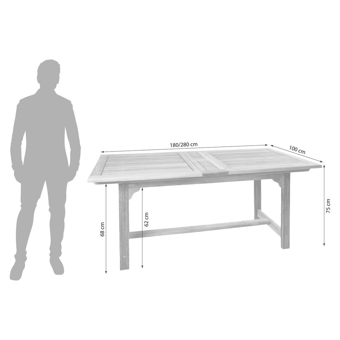 Uttrekkbart hagebord Riva teak 180/280x100 cm detalj av bordplate