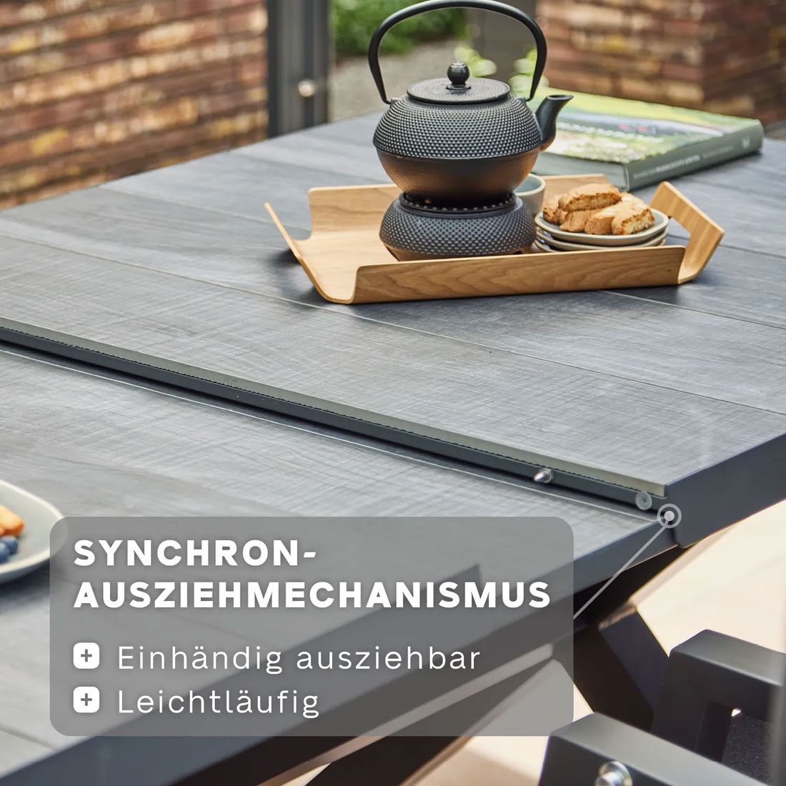 uttrekkbart hagebord sincro 160 200x90 cm aluminium hpl sett fra siden